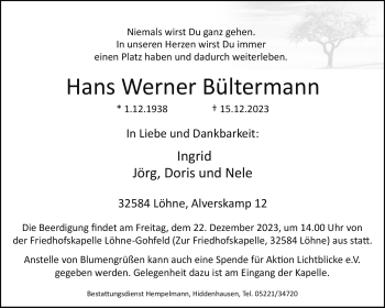 Traueranzeige von Hans Werner Bültermann von Westfalen Blatt