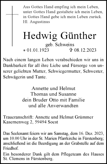 Traueranzeige von Hedwig Günther von Westfalen Blatt