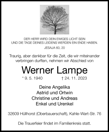 Traueranzeige von Werner Lampe von Westfalen Blatt