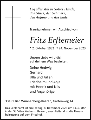 Traueranzeige von Fritz Erftemeier von Westfalen Blatt