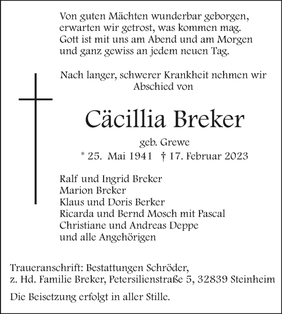 Traueranzeige von Cäcillia Breker von Westfalen-Blatt