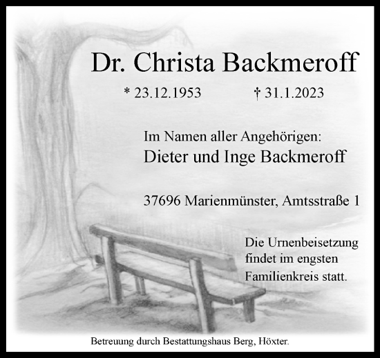 Traueranzeige von Christa Backmeroff von Westfalen-Blatt