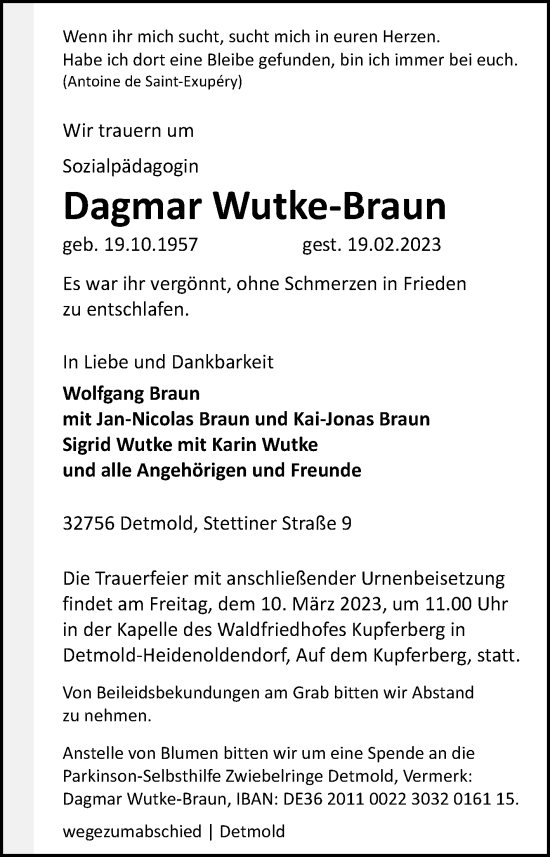 Traueranzeige von Dagmar Wutke-Braun von Westfalen-Blatt