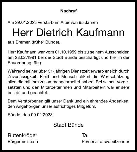 Traueranzeige von Dietrich Kaufmann von Westfalen-Blatt