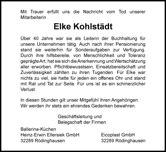 Traueranzeige von Elke Kohlstädt von Westfalen-Blatt