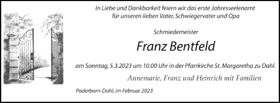 Traueranzeige von Franz Bentfeld von Westfalen-Blatt