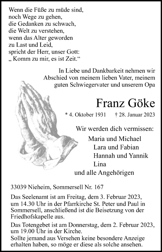 Traueranzeige von Franz Göke von Westfalen-Blatt