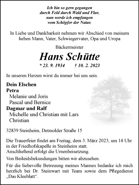 Traueranzeige von Hans Schütte von Westfalen-Blatt