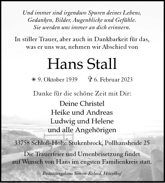 Traueranzeige von Hans Stall von Westfalen-Blatt