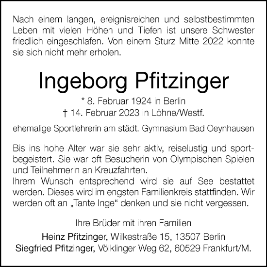 Traueranzeige von Ingeborg Pfitzinger von Westfalen-Blatt