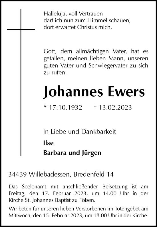 Traueranzeige von Johannes Ewers von Westfalen-Blatt