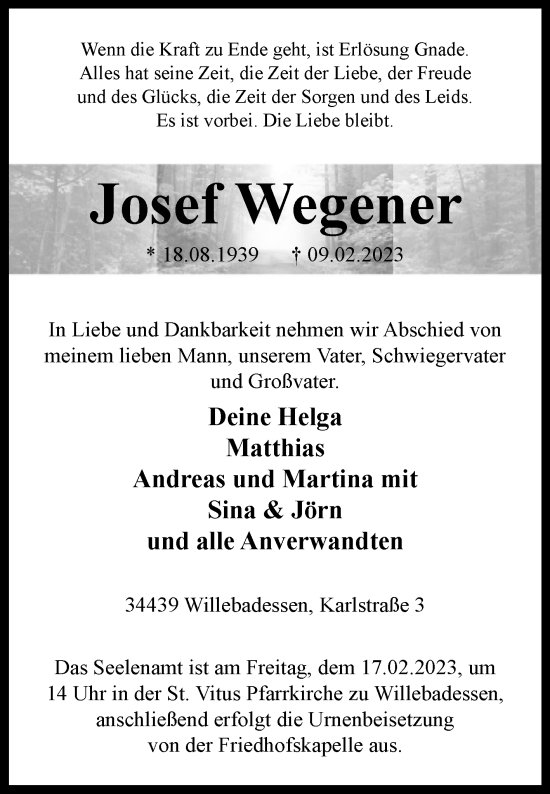 Traueranzeige von Josef Wegener von Westfalen-Blatt