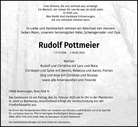 Traueranzeige von Rudolf Pottmeier von Westfalen-Blatt