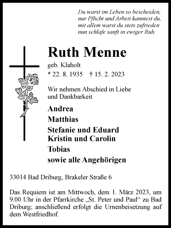 Traueranzeige von Ruth Menne von Westfalen-Blatt