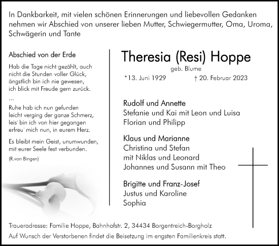 Traueranzeige von Theresia  Hoppe von Westfalen-Blatt