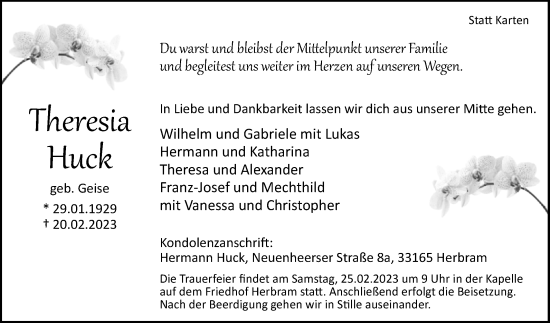 Traueranzeige von Theresia Huck von Westfalen-Blatt