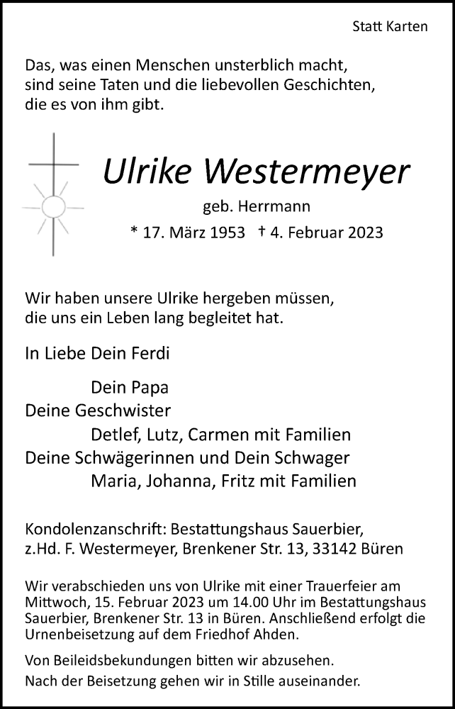  Traueranzeige für Ulrike Westermeyer vom 11.02.2023 aus Westfalen-Blatt