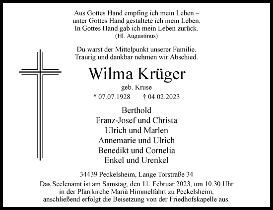 Traueranzeige von Wilma Krüger von Westfalen-Blatt