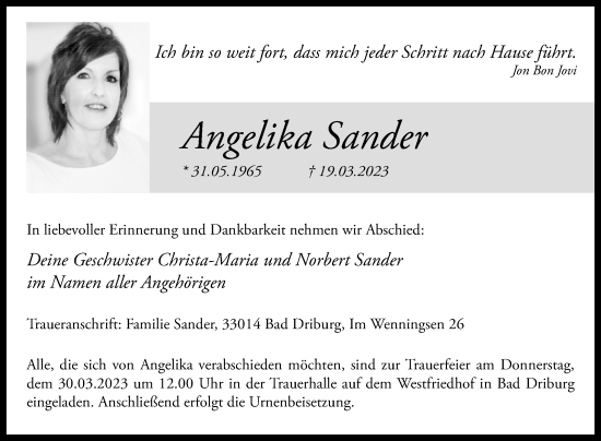 Traueranzeige von Angelika Sander von Westfalen-Blatt