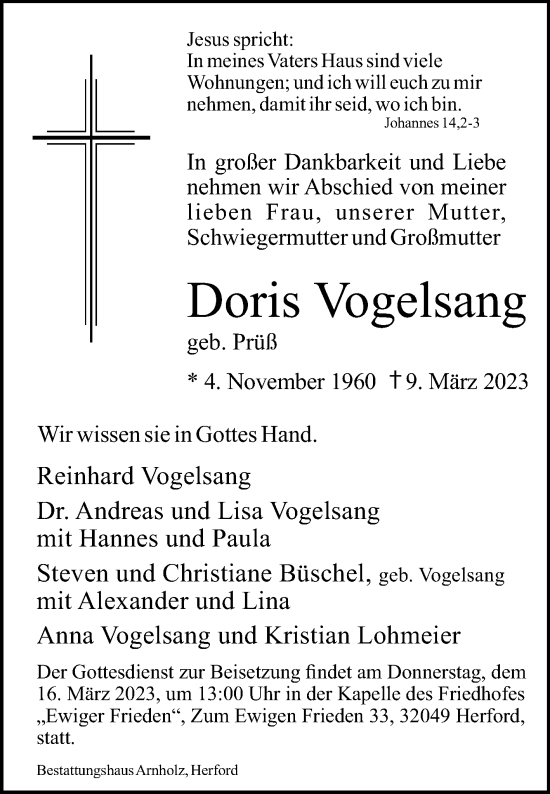 Traueranzeige von Doris Vogelsang von Westfalen-Blatt