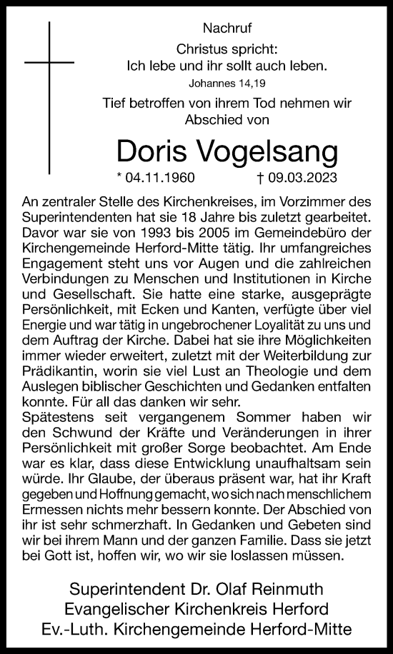 Traueranzeige von Doris Vogelsang von Westfalen-Blatt