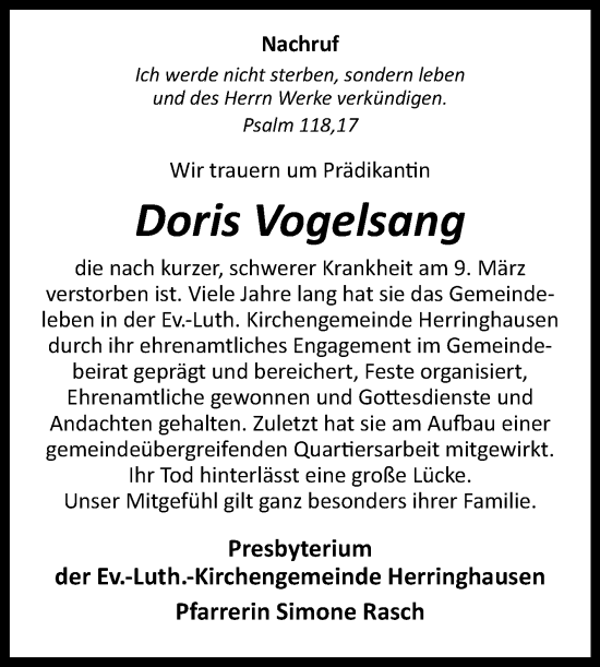 Traueranzeige von Doris Vogelsang von Westfalen-Blatt