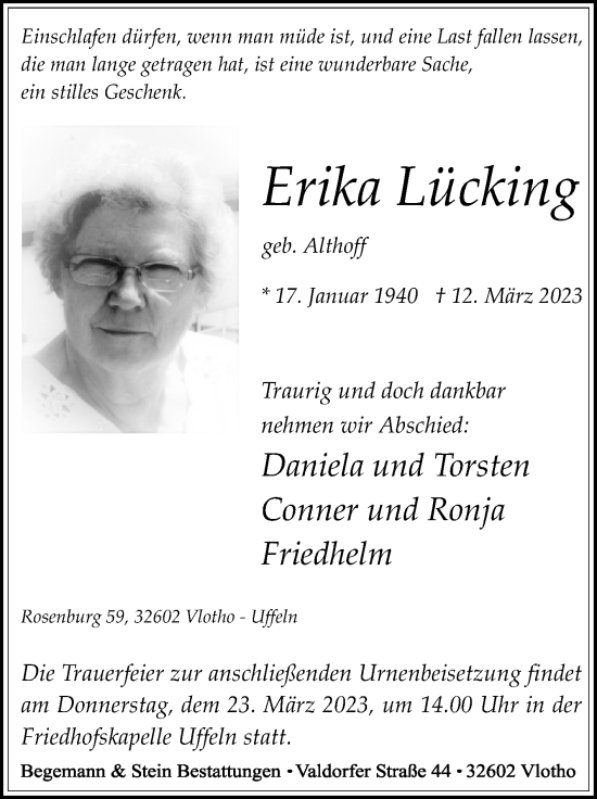 Traueranzeige von Erika Lücking von Westfalen-Blatt