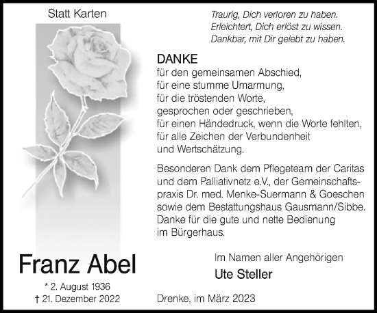 Traueranzeige von Franz Abel von Westfalen-Blatt