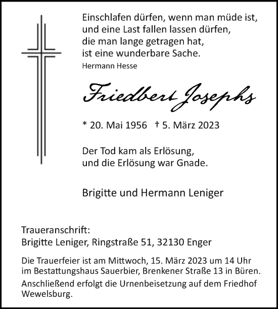 Traueranzeige von Friedbert Josephs von Westfalen-Blatt