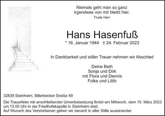 Traueranzeige von Hans Hasenfuß von Westfalen-Blatt