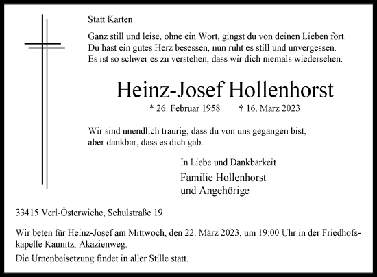 Traueranzeige von Heinz-Josef Hollenhorst von Westfalen-Blatt