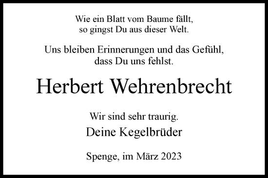 Traueranzeige von Herbert Wehrenbrecht von Westfalen-Blatt