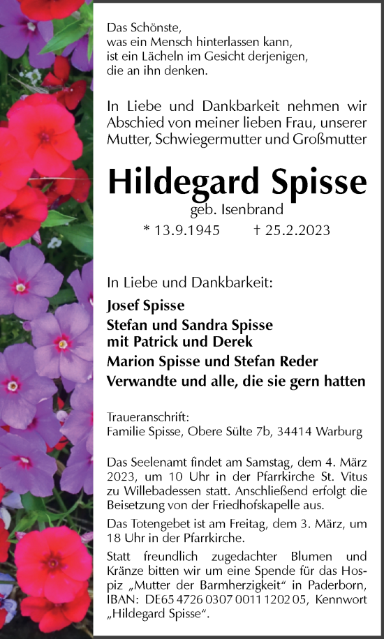 Traueranzeige von Hildegard Spisse von Westfalen-Blatt