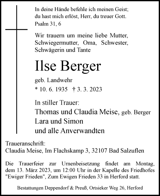 Traueranzeige von Ilse Berger von Westfalen-Blatt