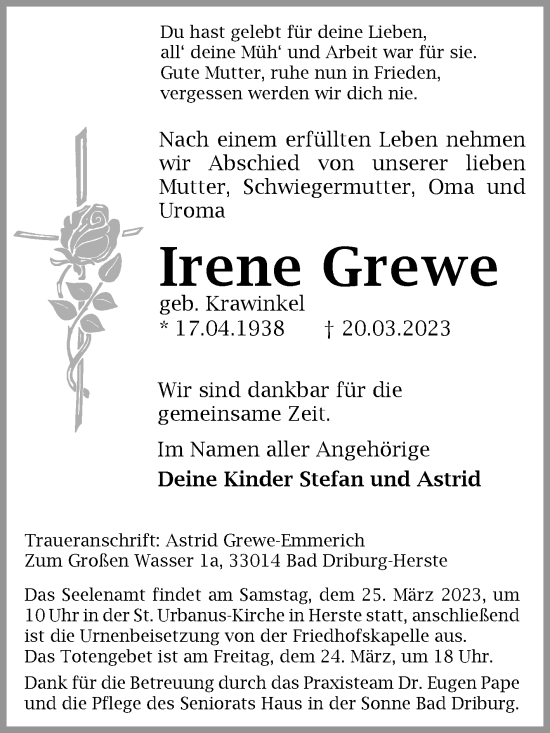 Traueranzeige von Irene Grewe von Westfalen-Blatt