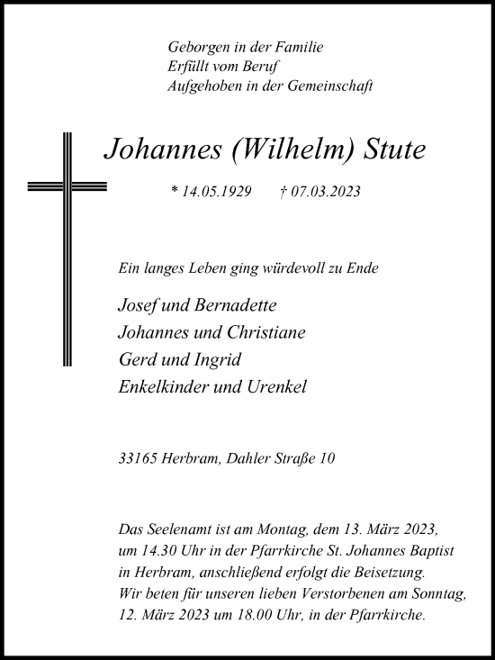 Traueranzeige von Johannes Stute von Westfalen-Blatt