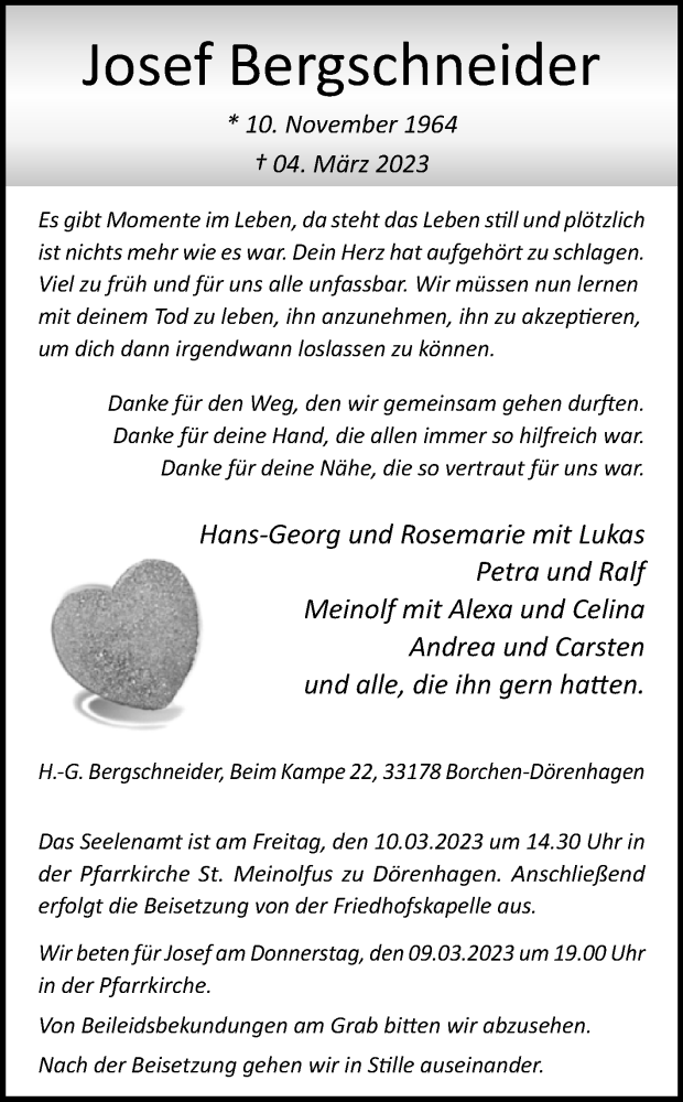  Traueranzeige für Josef Bergschneider vom 08.03.2023 aus Westfalen-Blatt