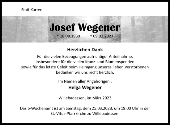 Traueranzeige von Josef Wegener von Westfalen-Blatt