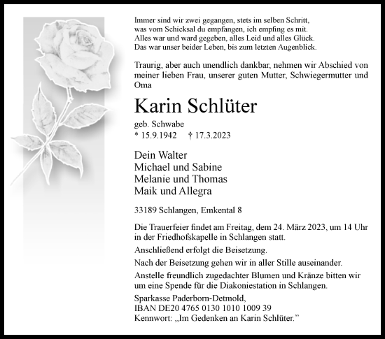 Traueranzeige von Karin Schlüter von Westfalen-Blatt