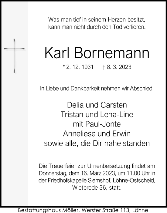 Traueranzeige von Karl Bornemann von Westfalen-Blatt