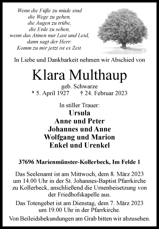 Traueranzeige von Klara Multhaup von Westfalen-Blatt