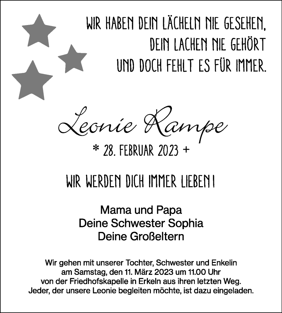  Traueranzeige für Leonie Rampe vom 08.03.2023 aus Westfalen-Blatt