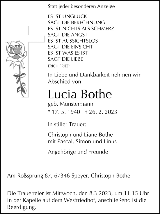 Traueranzeige von Lucia Bothe von Westfalen-Blatt