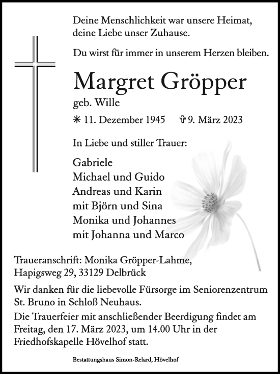 Traueranzeige von Margret Gröpper von Westfalen-Blatt