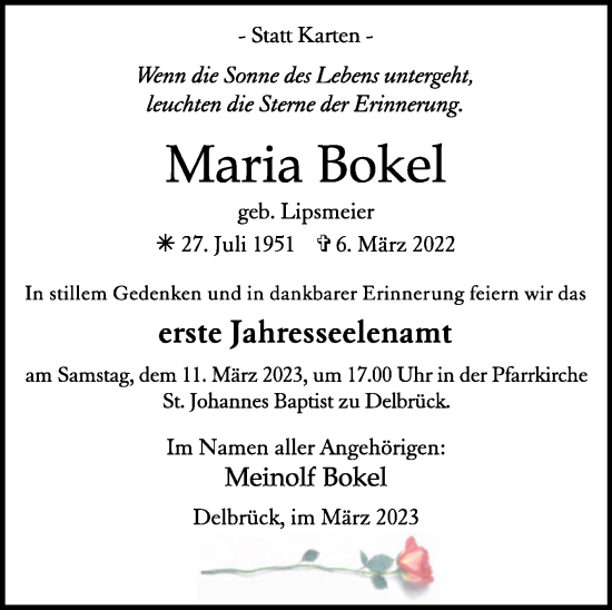 Traueranzeige von Maria Bokel von Westfalen-Blatt