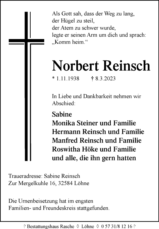 Traueranzeige von Norbert Reinsch von Westfalen-Blatt