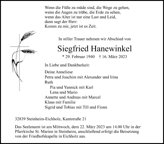 Traueranzeige von Siegfried Hanewinkel von Westfalen-Blatt