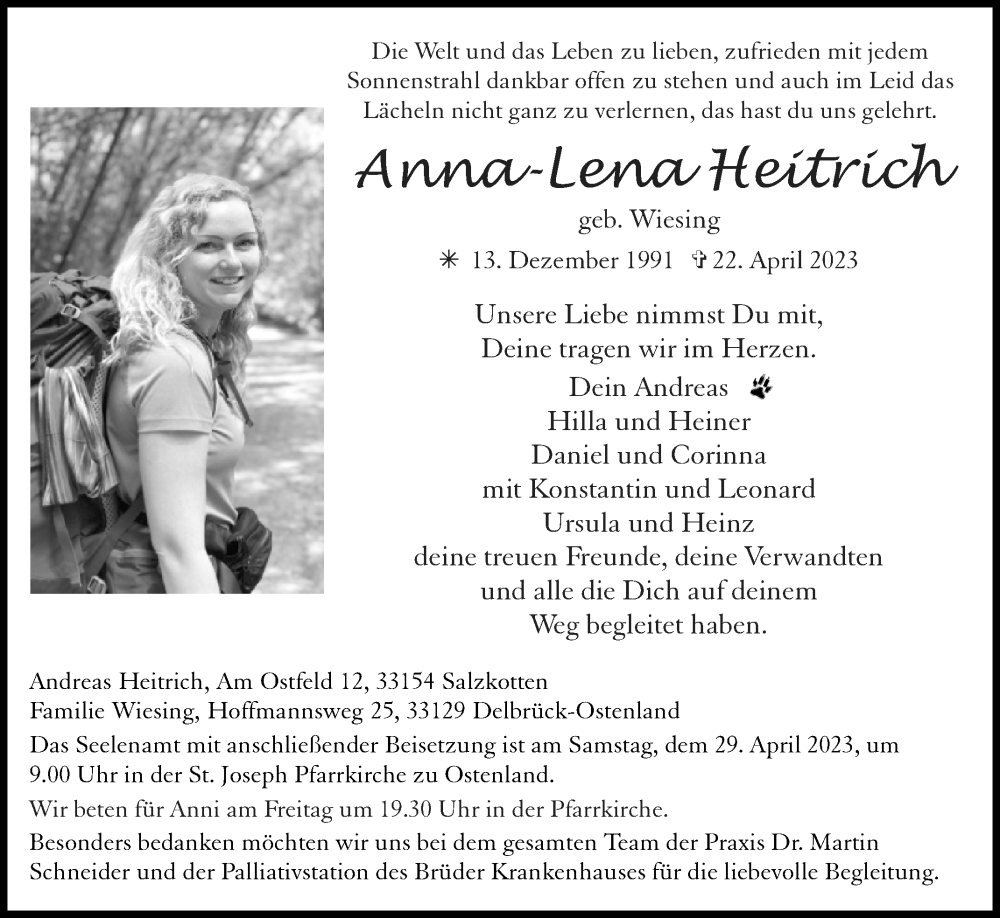  Traueranzeige für Anna-Lena Heitrich vom 26.04.2023 aus Westfalen-Blatt