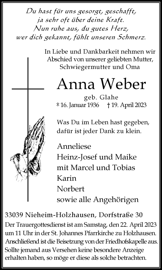 Traueranzeige von Anna Weber von Westfalen-Blatt