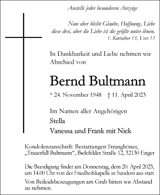 Traueranzeige von Bernd Bultmann von Westfalen-Blatt